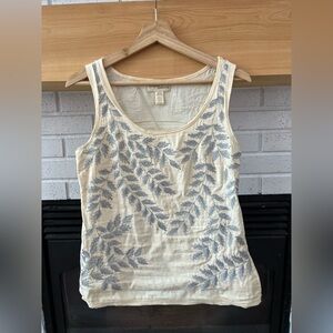 Anthropologie Cream and Blue Leaf Embroidered Tank Top
